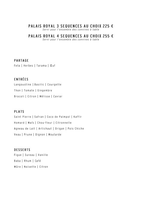 Carte Et Menus 2024 Palais Royal Restaurant à Paris Thefork