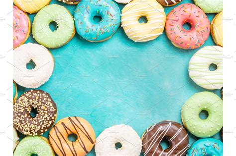 Donuts On Blue Background Copy Space Top View High Quality Food