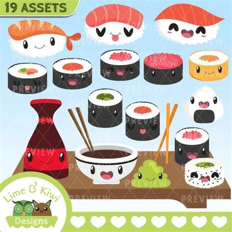 Kawaii Sushi Clipart Instant Download Vector Art Commercial Etsy