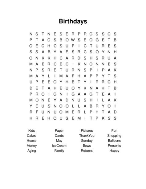 Birthdays Word Search