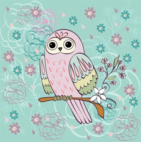 Cute Owls On Branch In Flowers Spring Concept Background Bright