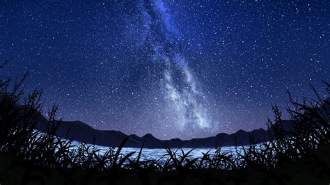 Stars Starry Sky Milky Way Art Night Sky Grass 4k Hd Wallpaper