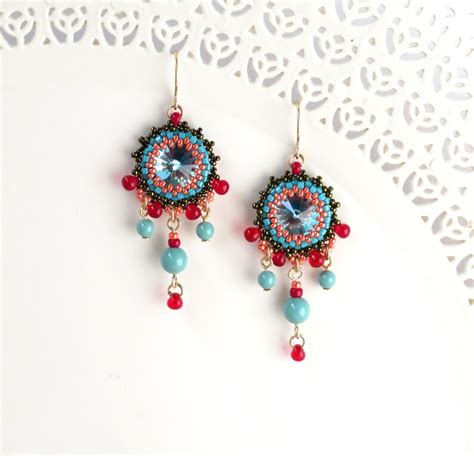 Boho Chandelier Earrings Turquoise And Red Dangle Earrings Etsy