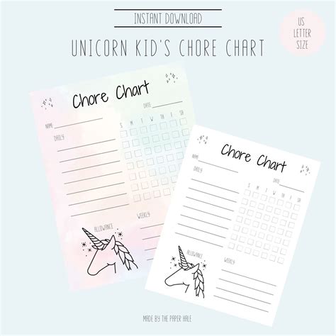 Unicorn Kids Chore Chart Planner Printable Unicorn Chore Etsy