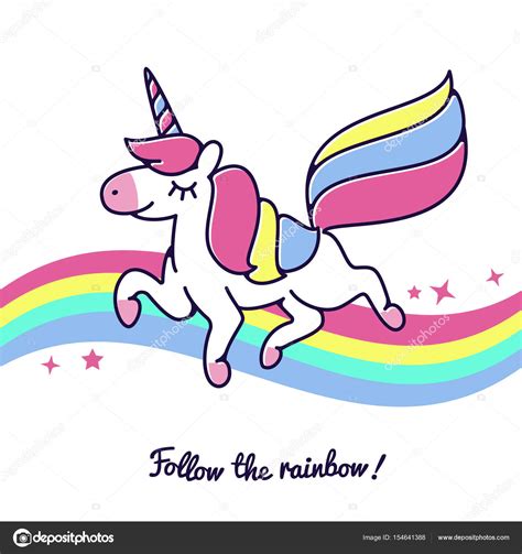 Unicorn Flying Across Rainbow Vector Cute Happy Fairytale Cartoon Horse