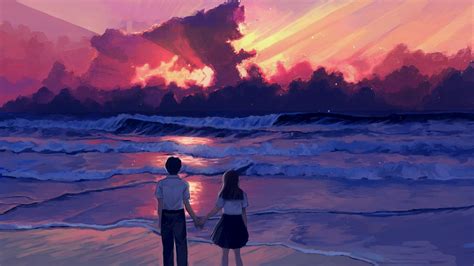 Wallpaper Anime Ilustrasi Pemandangan Laut Matahari Terbenam