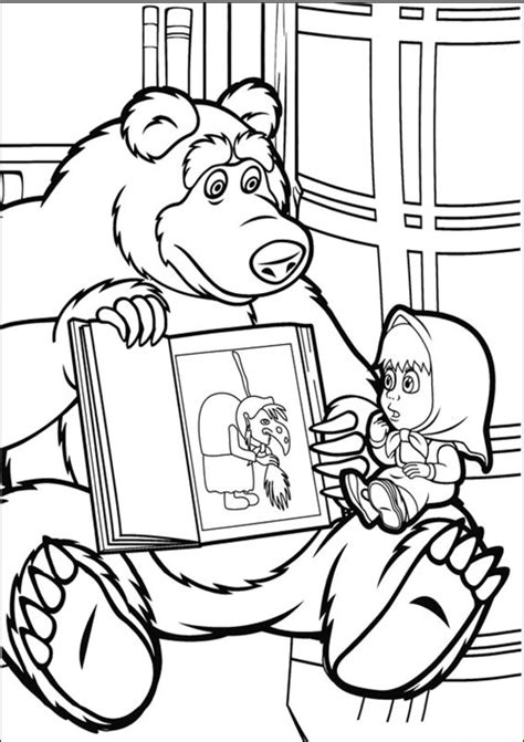 Masha And The Bear Coloring Pages Bear Showing A Book With Witch To