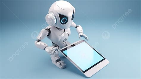 روبوت ذكاء اصطناعي رائعتين مع شاشة لوحي فارغة في عرض ثلاثي الأبعاد روبوت ثلاثي الأبعاد التميمة