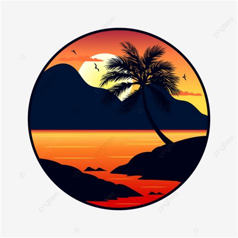 Ilustrasi Vektor Logo Pantai Saat Matahari Terbenam Dengan Pegunungan