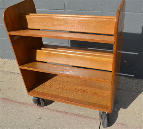 Midcentury Oak Book Cart With Slanted Shelves On Wheels From Public