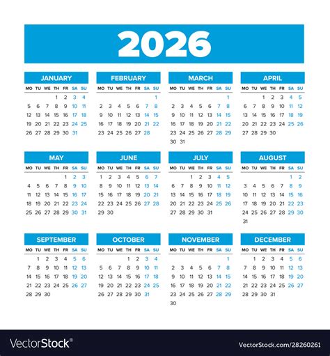 Simple Calendar 2026 Weeks Start On Monday Vector Image