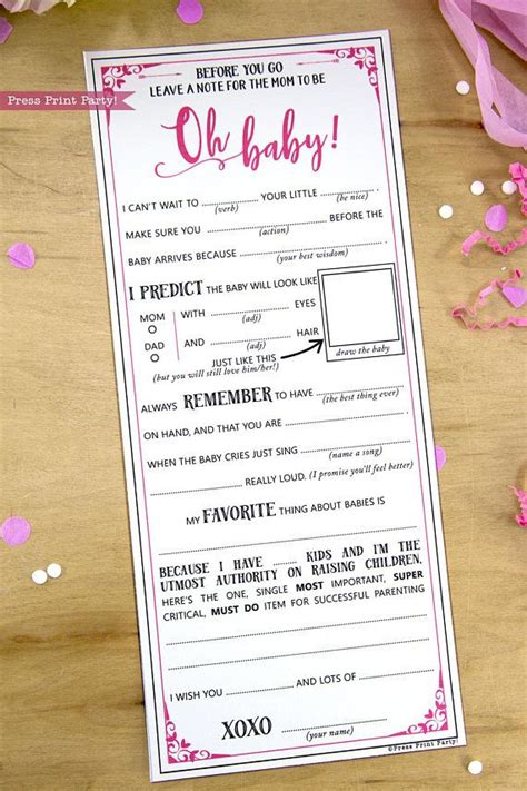 Baby Shower Mad Libs Advice Card Baby Girl Hot Pink Mom To Be Funny