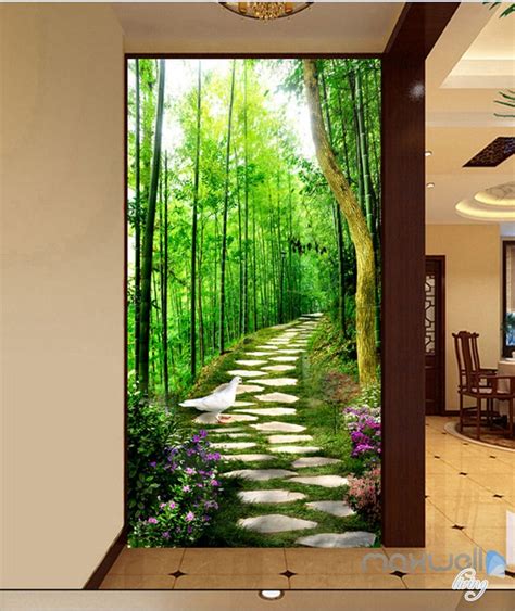 An Open Door With A Path Leading To A Forest Filled With Green Trees