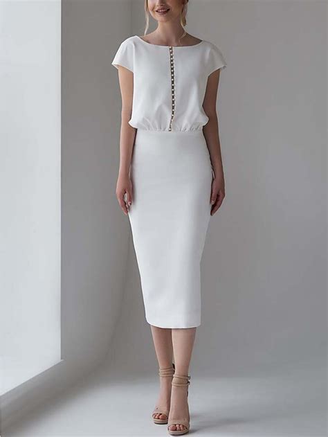 Womens Sheath Dress Knee Length Dress White Half Sleeve Solid Color