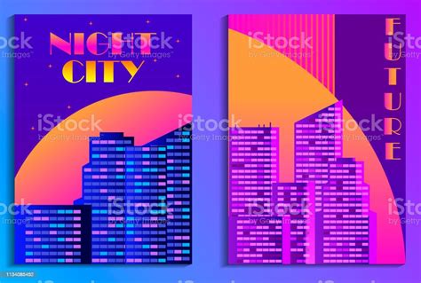 Cityscape Poster In Futurism Style Night City Of Skyscrapers Cyberpunk