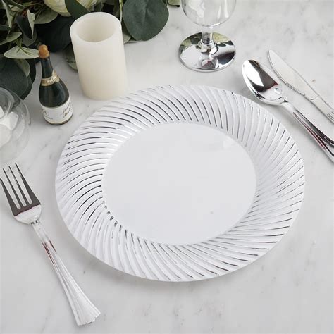 Efavormart 50 Pcs White With Silver 9 Round Disposable Plastic Plate