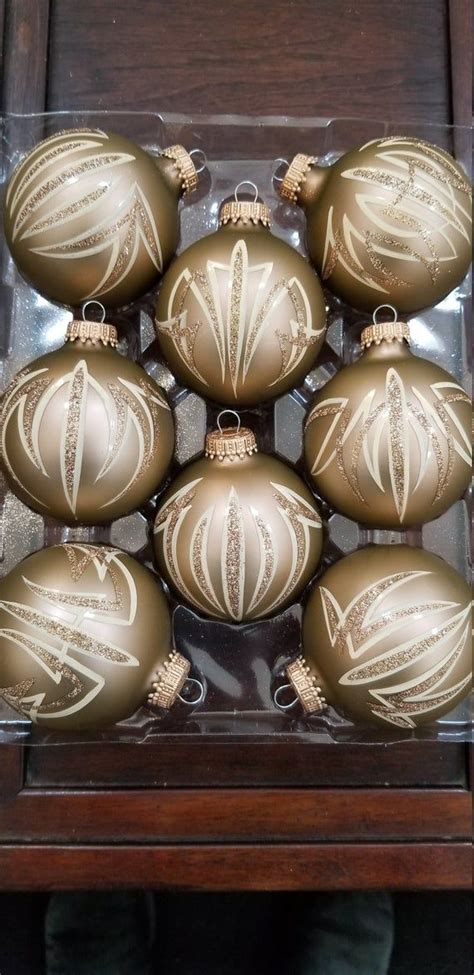 8 Bronze Christmas Ornaments With Champagne Glitter And Ivory