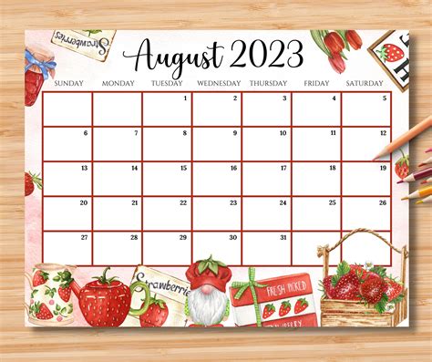 Editable August 2023 Calendar Beautiful Colorful Summer With Etsy Finland