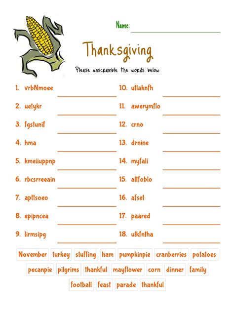 Thanksgiving Word Scramble 1