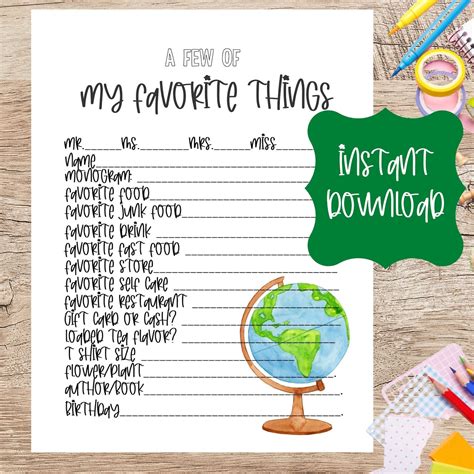 Teacher Favorite Things Printable Form Teacher Appreciation Etsy
