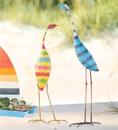 Colorful Striped Bird Metal Yard Sculptures Set Of 2 Wind And Weather