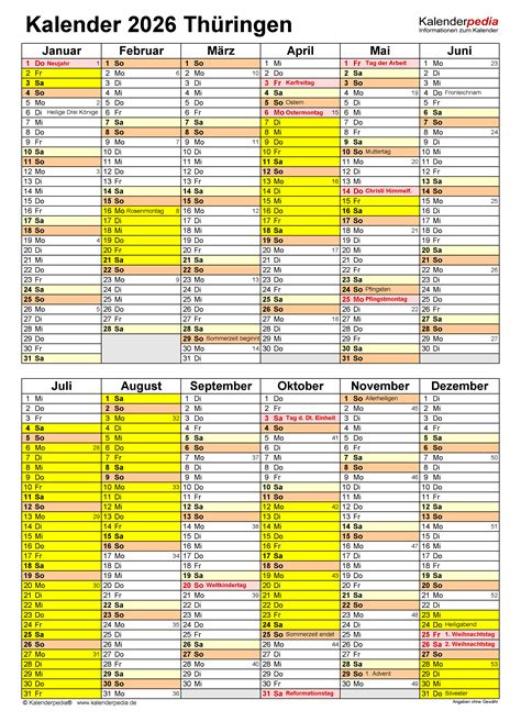 Kalender 2026 Thüringen Ferien Feiertage Excel Vorlagen