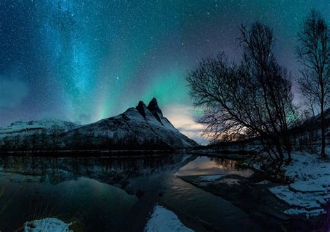 Download Lake Starry Sky Reflection Night Mountain Snow Winter Nature