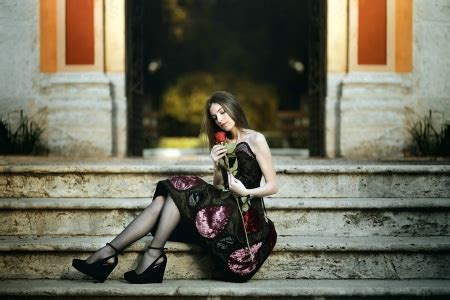 Model Posing With Rose On Steps Models Female People Background