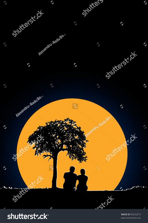 Romantic Couple Silhouettes Contemplating Moon Rise Stock