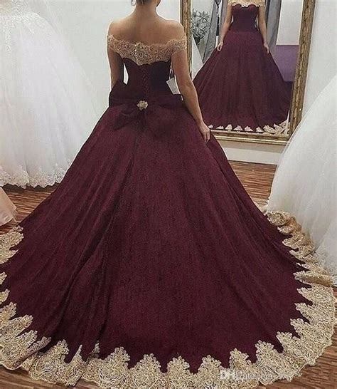 Burgundy Ball Gown Wedding Dresses 2019 Off Shoulder Gold Applique