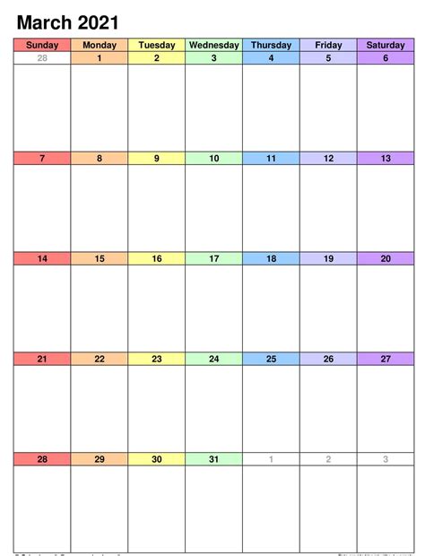 Printable March 2021 Calendar Excel Portrait Printable Calendar