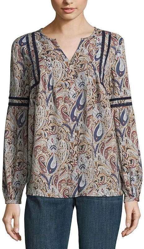 St Johns Bay Long Sleeve Y Neck Woven Blouse Embellished Blouse