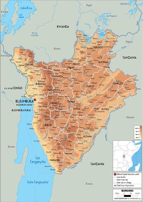 Large Size Physical Map Of Burundi Worldometer