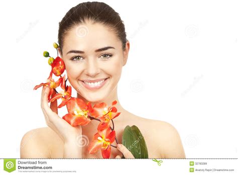 Beautiful Brunette Woman Holding Branch Of Orchid Stock Image Image