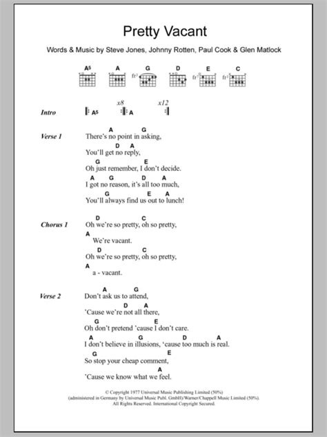 Pretty Vacant By Sex Pistols Guitar Chordslyrics Guitar Instructor