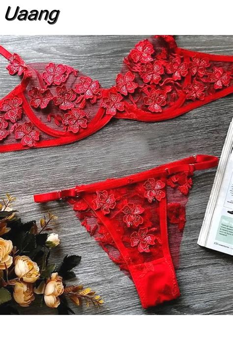 uaang sensual lingerie set women 3d flower embroidery underwear set ladies sexy lace intimate