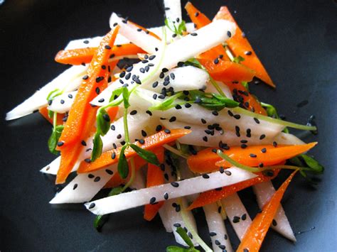 Marinated Daikon Carrot Salad With Spring Snow Pea Shoots Andrea Beaman