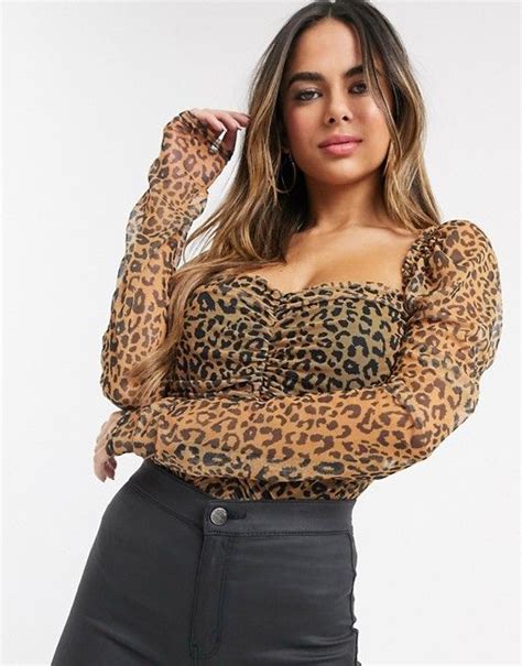Missguided Ruched Mesh Top In Leopard Print Asos Sequin Crop Top