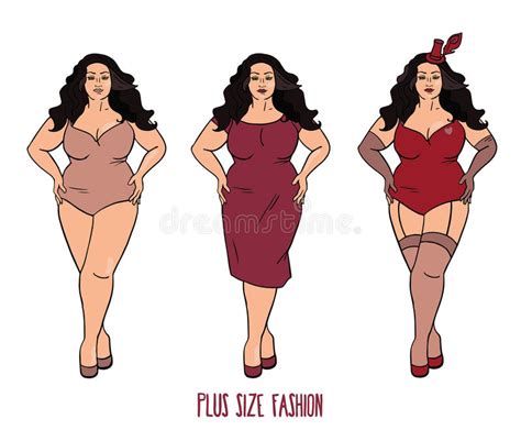 Plus Size Model In Three Looks On White Background Stock
