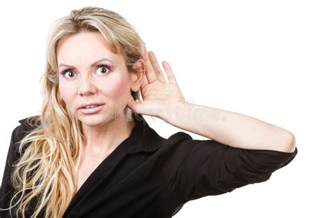 Blonde Woman Making Listening Gesture Stock Photo Image Of Listen