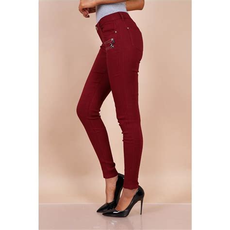 Sexy Damen Skinny Jeans Mit Zippern Bordeaux