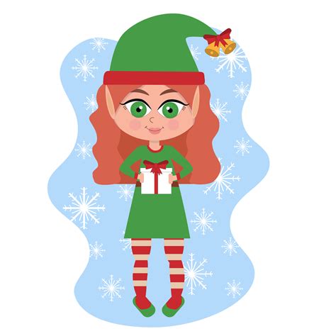 beautiful cute little santa elf girl with present on a white background cartoon christmas