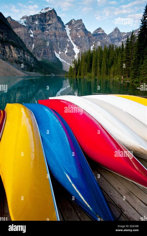 Wenkchemna Peaks Above Canoes Along Moraine Lake Banff National Park