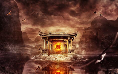 Temple In The Middle Of Body Of Water Painting Digital Art Fantasy
