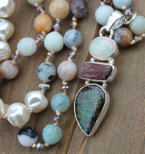 Glam Opal Beaded Gemstone Necklace With Pendant Neutrals In Etsy