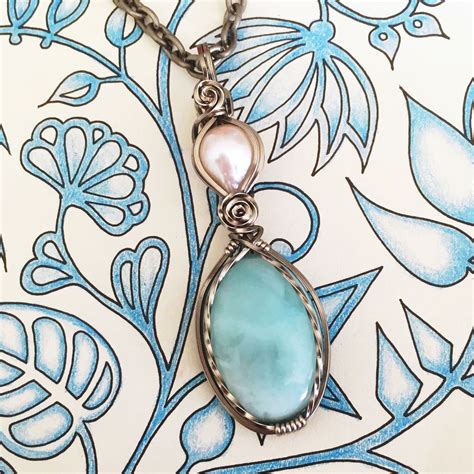 SOLD Larimar And AAA Grade Freshwater Pearl Wire Wrapped Pendant