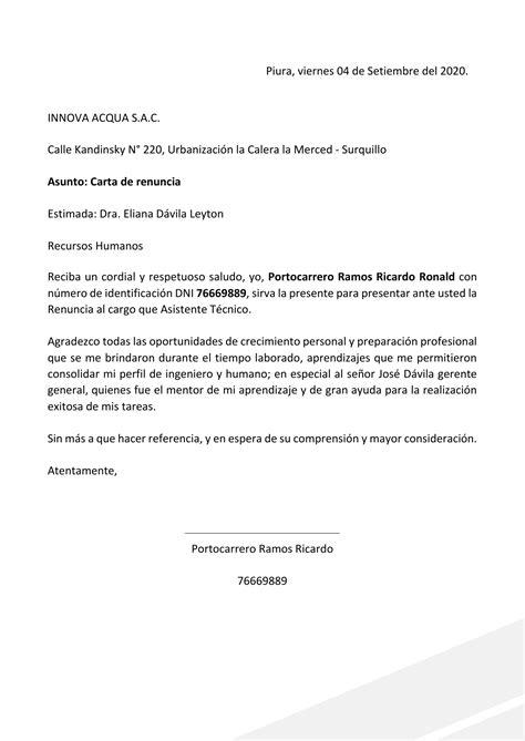 Carta De Renuncia Ricardo Portocarrero