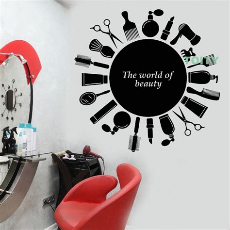 Vinyl Decal Symbol Beauty Hair Salon Wall Sticker With Text In Circle Room Decor Art Mural H57cm