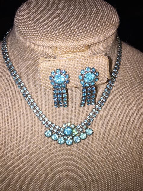 Stunning Aqua Blue Vintage Rhinestone Necklace Earring Set Etsy