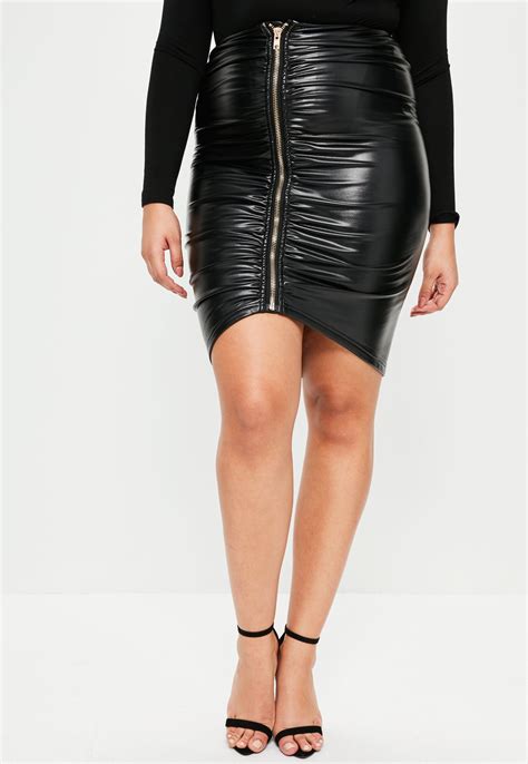 Lyst Missguided Plus Size Black Faux Leather Ruched Zip Front Skirt In Black